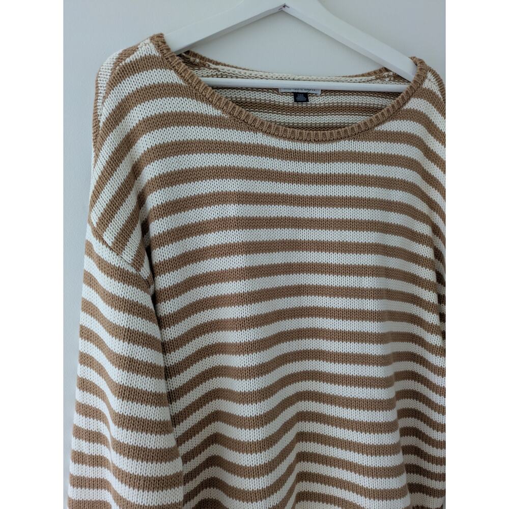 American Eagle Striped Oversized Crew Neck Knit Sweater - Tan & White - Picture 3 of 5